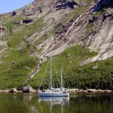 Deadman_Cove2 Moonshadow with the falls at Deadman Cove. Probably every yacht that visits Newfoundland anchors in this cove and has her picture taken.